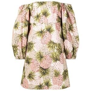 Cara Cara Pink Green Tropical Summer Pineapple Print Off Shoulder Mini Dress M